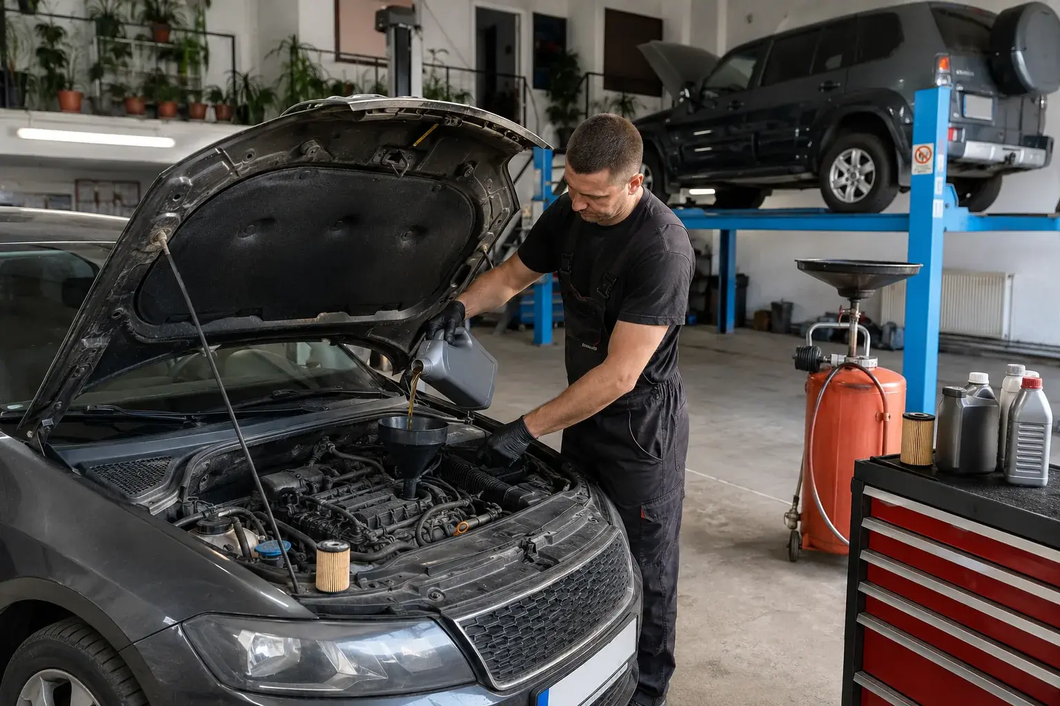Mecanic Vibromoto efectuând schimbul de ulei în atelier